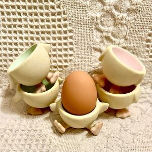 Egg Cup Holders Set of 5 Ceramic Chick Chicken Legs Vintage